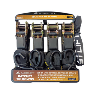 Austlift Ratchet Tie Down 4 Pack + 4x Short Straps + Storage Bag - S Hook