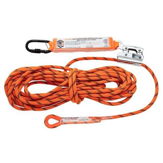 Orange safety rope with carabiner and clip on a white background