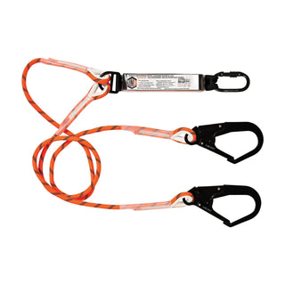 Orange safety lanyard with black carabiners on a white background