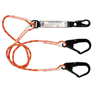 Orange safety lanyard with black carabiners on a white background