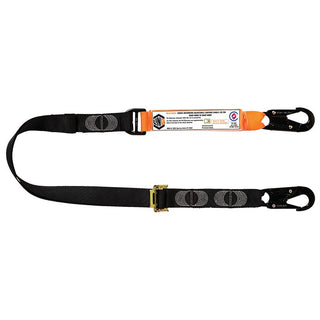 Black safety strap with metal hooks on a white background
