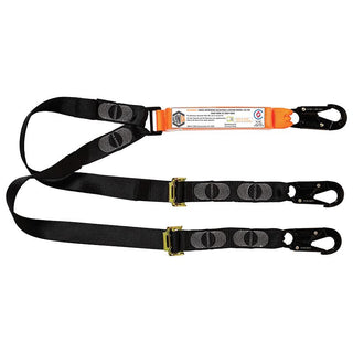 Black vehicle safety strap with orange label on a white background