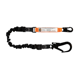 Black safety lanyard with carabiner on a white background