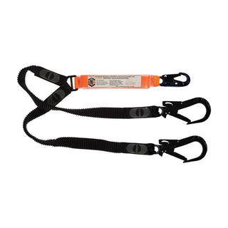Black safety harness with orange label on a white background