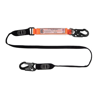 Safety harness lanyard with black and orange straps on a white background
