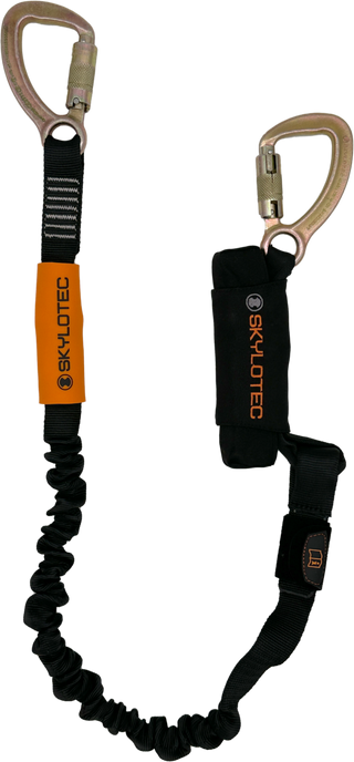 Skytec climbing equipment with carabiner and flexible black rope on a white background