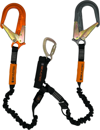 Two fall protection devices with carabiners and shock absorbers on a white background